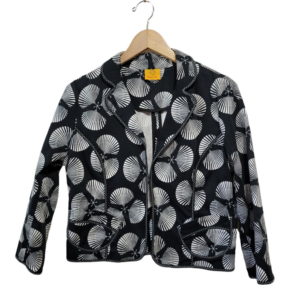 Ruby Rd Womens Black & White Print Shells Abstract Fans Crop Blazer